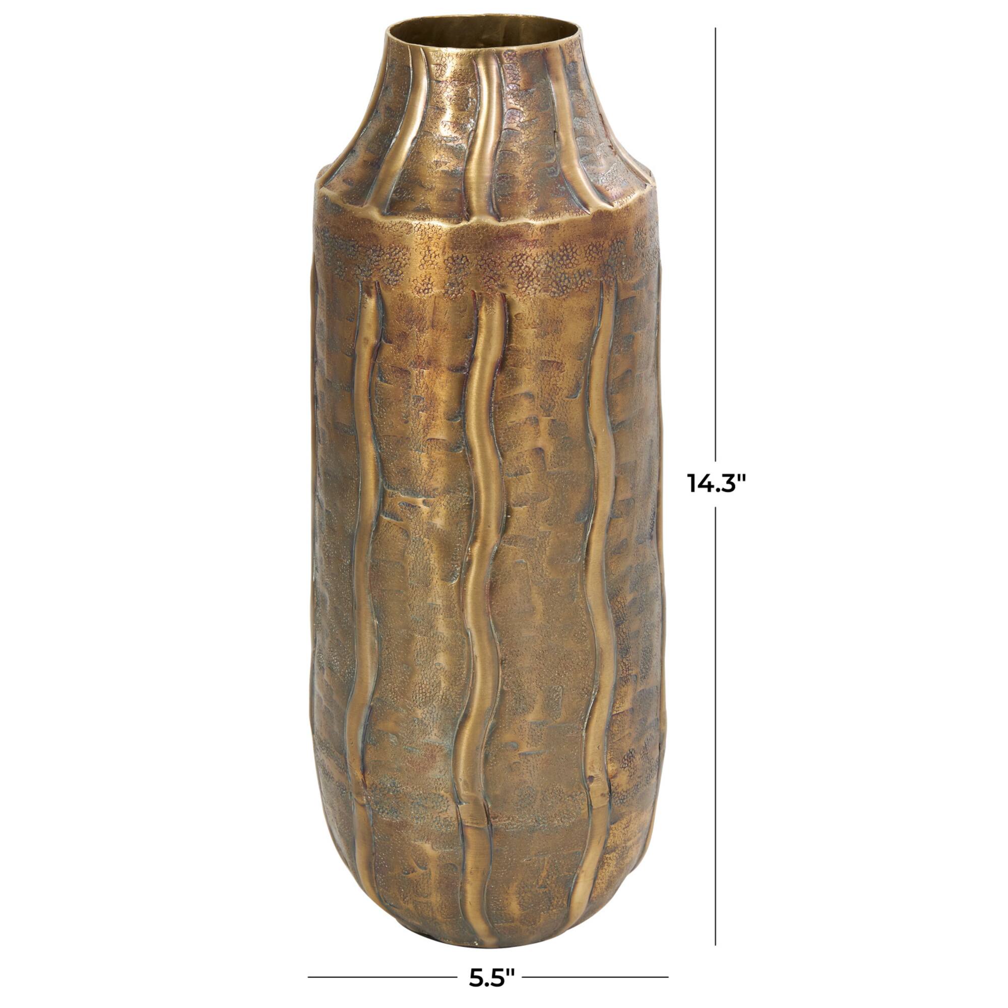14" Brass Metal Snakeskin Inspired Vase with Dimensional Wavy Accents
